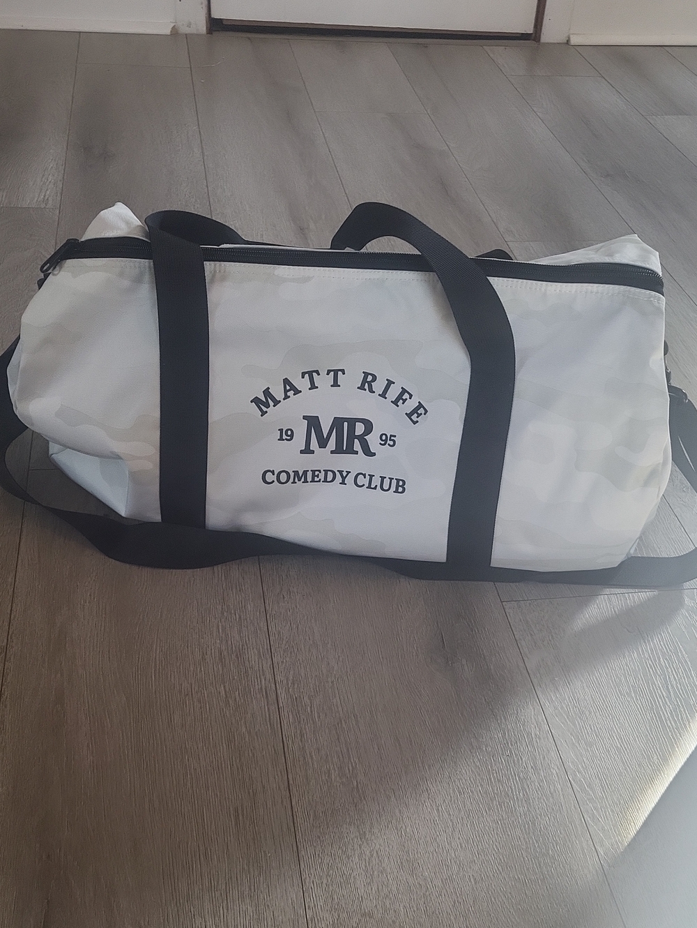 White Duffel Bag with Black Straps l Matt Rife Comedian Merch